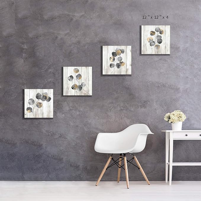 ARTISTIC PATH Leaf Artwork Botanical Canvas Print: Gray Leaves Painting Wall Art for Bathroom (12" W x 12" H x 4 PCS,Multi-Sized)