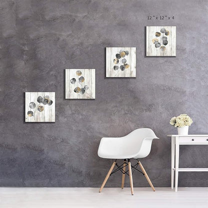 ARTISTIC PATH Leaf Artwork Botanical Canvas Print: Gray Leaves Painting Wall Art for Bathroom (12" W x 12" H x 4 PCS,Multi-Sized)