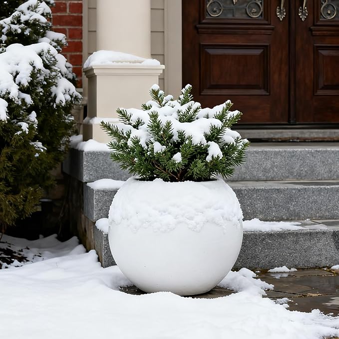 13.78”Dx11”H Lightweight Durable Modern Plastic Sphere Planter with Drainage Hole & Rubber Plug Weather Resistant,Planters for Indoor Plants & Outdoor,Large Plant Pot,(White, 9" Pot Opening)