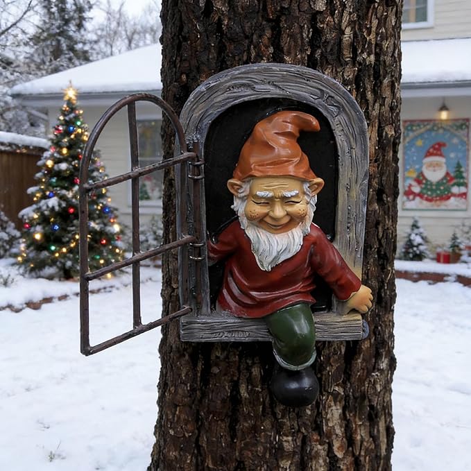 Gnome Open The Door Garden Decor Resin Tree Faces Decor Outdoor Fairy Garden Patio Lawn Porch (Red)