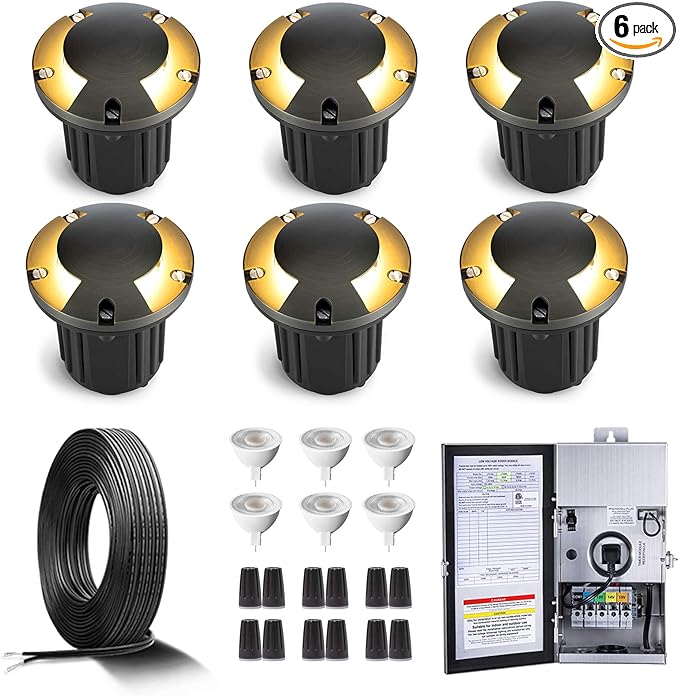 Gardenreet Brass In Ground Lights Kit(6 Pack) with 150W Low Voltage Transformer & MR16 Bulb & 100Feet Wire & Connectors, 12V LED Well Lights for Outdoor Yard Garden Pathway(2 Way Turret)