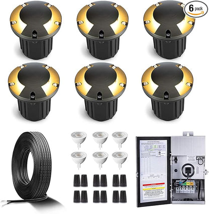 Gardenreet Brass In Ground Lights Kit(6 Pack) with 150W Low Voltage Transformer & MR16 Bulb & 100Feet Wire & Connectors, 12V LED Well Lights for Outdoor Yard Garden Pathway(2 Way Turret)