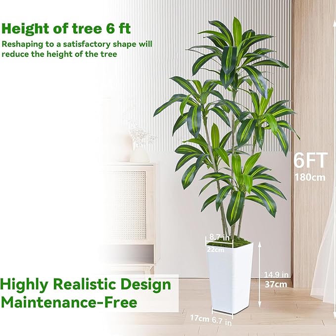 Artificial Dracaena Tree, 6FT Artificial Plants Indoor with White Tall Planter, Faux Yucca Silk Tree Fake Tropical Floor Plant in Pot, Fake Plants for Home House Room Office Entryway Porch Decor
