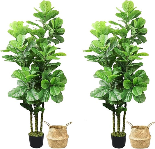 ROOMTEC 2pcs Artificial Fiddle Leaf Fig Tree,6 FT Tall Artificial Tree with Woven Seagrass Plant Basket Fake Floor Plant in Pot for Home Decor Living Room Indoor Outdoor Office Bedroom Decor