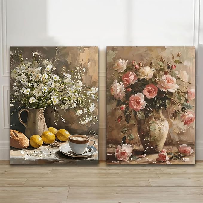 Kdyudo 2 pcs Vintage Floral Canvas Framed Wall Art French Country Pink Rose Oil Painting Print Daisy Lemon Still Life Kitchen Poster Artwork Suitable for Living Room Dining Room Wall Decor 12x16 inch