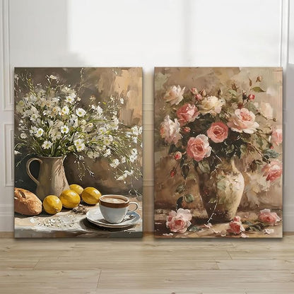 Kdyudo 2 pcs Vintage Floral Canvas Framed Wall Art French Country Pink Rose Oil Painting Print Daisy Lemon Still Life Kitchen Poster Artwork Suitable for Living Room Dining Room Wall Decor 12x16 inch
