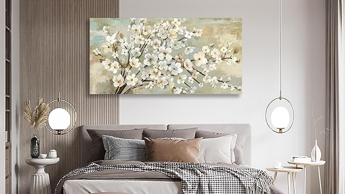 arteWOODS Flowers Canvas Wall Art - Beige Flower Branches Pictures Wall Decor Rustic Brown Botanical Painting Artwork Elegant Floral Prints for Living Room Bedroom Home Decor Ready to Hang 48 x 24in