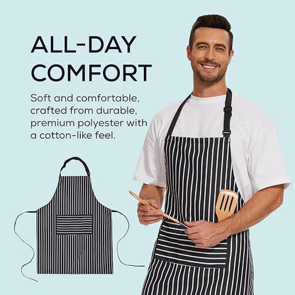 Will Well Kitchen Apron for Men and Women - 33" x 27" Oil-and-Water-Resistant with Adjustable Neck Strap and 38" Waist Ties for a Snug Fit, Lightweight with 2 Front Pockets - 6-Pack, Black