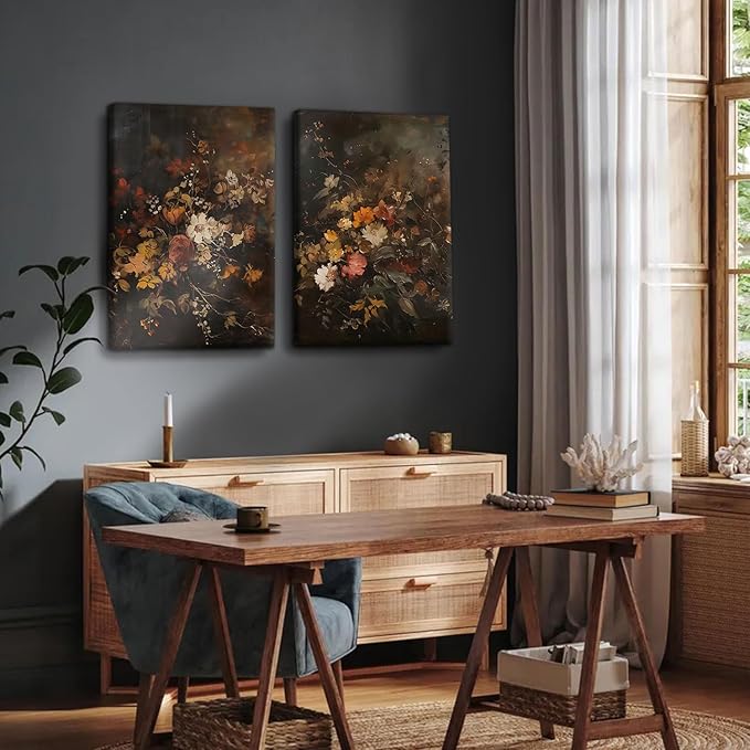 2pcs Vintage Dark Floral Canvas Wall Art Moody Autumn Floral Wall Decor Pictures Country Flowers Posters Prints Still Life Paintings for Farmhouse Living Room Bedroom Dining Room Decor 12x16 Inch