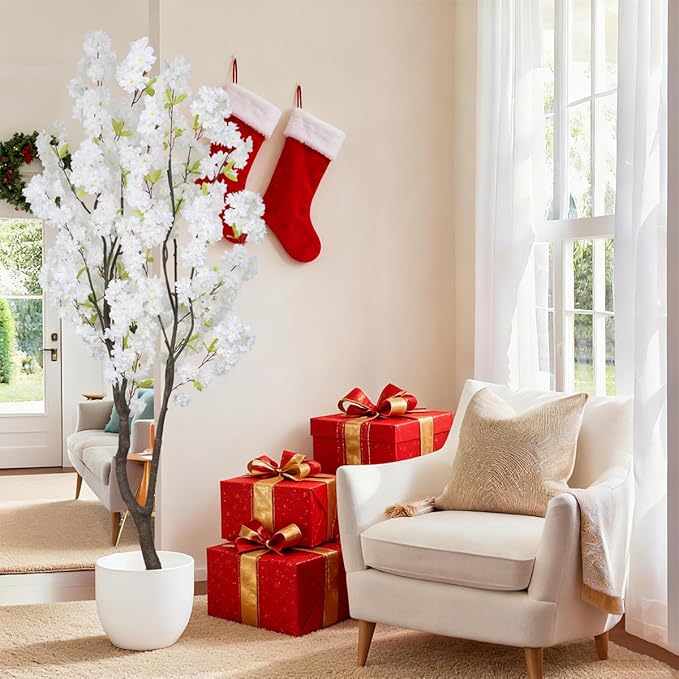 6.56ft White Artificial Cherry Blossom Tree Indoor Decor,Nearly Nature Silk Flower Fake Tree Tall,Realistic Faux Cherry Plant Tree for Christmas New Year Home Decor