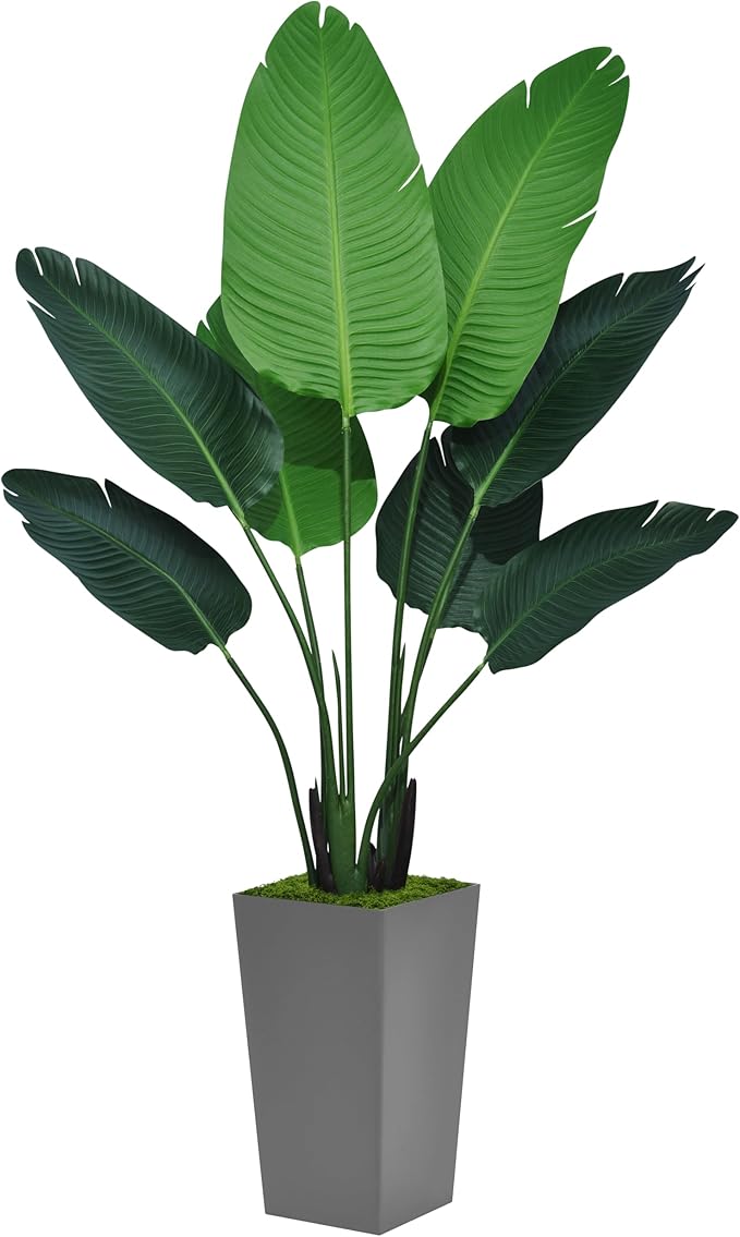 Bird of Paradise Artificial Plant 5FT - Faux Tropical Palm Tree with Gray Tall Planter - Fake Banana Leaf Floor Plant Potted - Artificial Silk Tree for Home Office Living Room Decor Indoor
