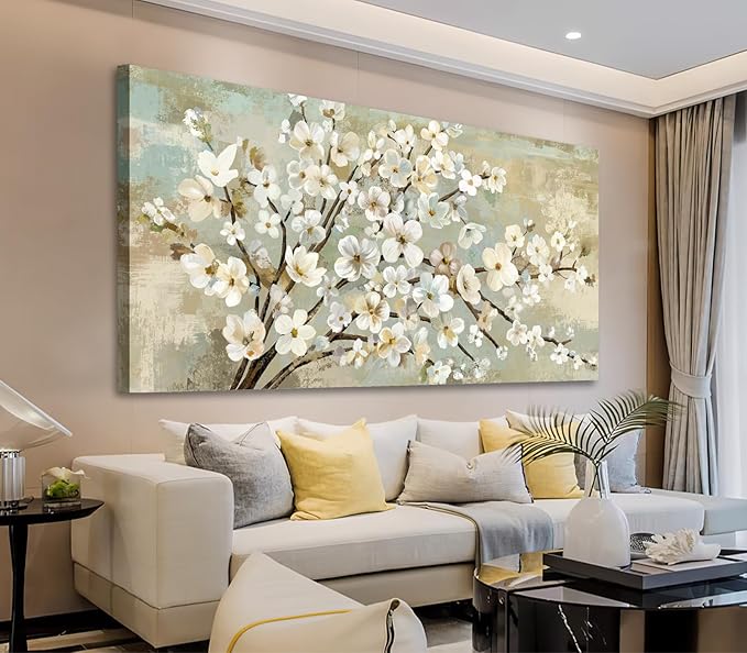 arteWOODS Flowers Canvas Wall Art - Beige Flower Branches Pictures Wall Decor Rustic Brown Botanical Painting Artwork Elegant Floral Prints for Living Room Bedroom Home Decor Ready to Hang 48 x 24in