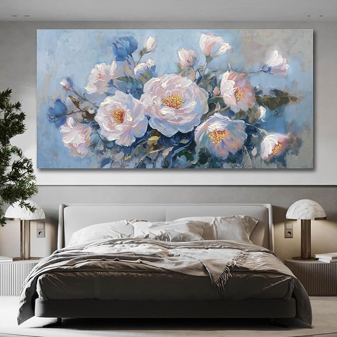 Enartly Flower Wall Art Pink Large Living Room Bedroom Wall Decor Canvas Floral Painting Bloosom Picture Textured Retro Artwork Framed for Bathroom Kitchen Spa Home Office Wall Decoration, 40"x20"