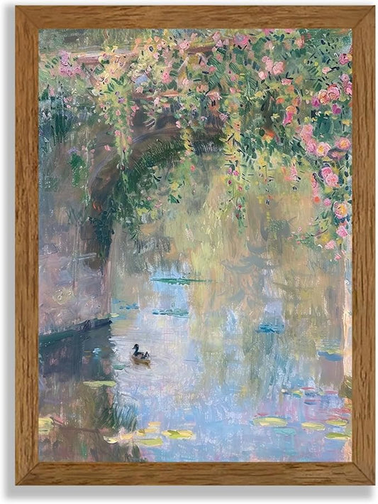 Woojin Framed Vintage Monet Canvas Wall Art, Garden Rose Cute Animals Painting Picture Wall Decor, Sunset Landscape Poster Impressionist Floral Prints for Living Room Bedroom Bathroom Office 12x16 in