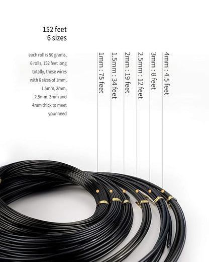 6Pcs Bonsai Wire, 6 Sizes of 1mm, 1.5mm, 2mm, 2.5mm, 3mm, 4mm Black Aluminum Wire, Total 152 Feet Bonsai Tool Kitfor Bonzai Trees Indoor