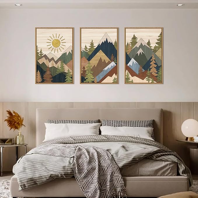 Large Abstract Mountain Woodcut Framed Canvas Wall Art,Neutral Pine Tree Wall Decor,Vintage Nature Forest Wall Painting,Rustic Artwork for Living Room,Bedroom,Dining Room,Farmhouse -24"x36"x3