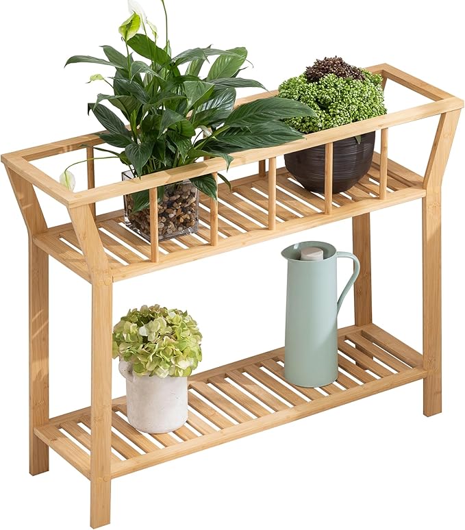 Nnewvante Bamboo Plant Stand Indoor 37.4"x11" 2 Tier Tall Plant Table Shelf Flower Pot Organizer Holder, Sofa Entryway Table for Window-sill Living Room Balcony