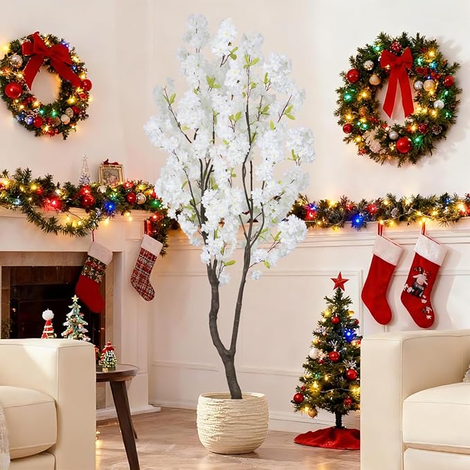 6.56ft White Artificial Cherry Blossom Tree Indoor Decor,Nearly Nature Silk Flower Fake Tree Tall,Realistic Faux Cherry Plant Tree for Christmas New Year Home Decor