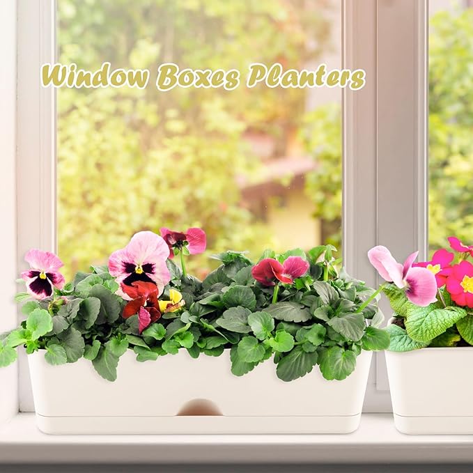 2-Pack Flower Pots Large Window Boxes Planters 16 Inch Rectangle Plant Pot Rectangular Planters for Outdoor Indoor Plants Plastic Windowsill Planter for Herbs Flowers Long Window Sill Planters