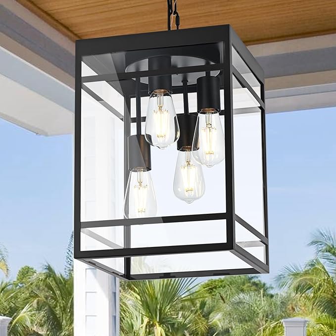 Large Outdoor Pendant Light for Porch, Black Outdoor Hanging Pendant Lighting Fixture, Exterior Linear Chandelier Hanging Lantern for Outside Patio,Front Door
