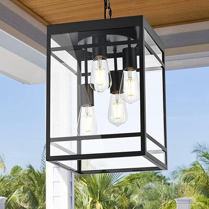 Large Outdoor Pendant Light for Porch, Black Outdoor Hanging Pendant Lighting Fixture, Exterior Linear Chandelier Hanging Lantern for Outside Patio,Front Door