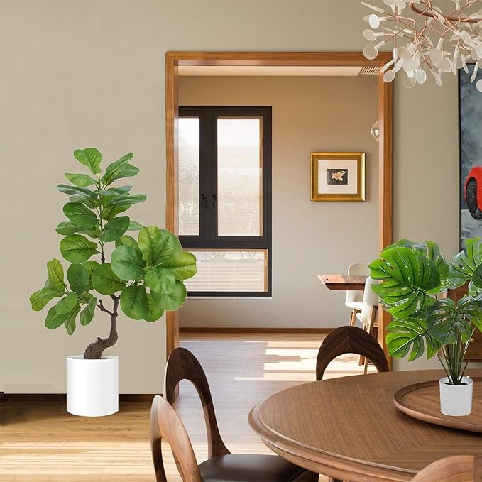 4 Ft Artificial Fiddle Leaf Fig Tree, Indoor Outdoor Fake Potted Tree with Trunks Artificial Tree Realistic Fake Plant for Modern Home Office Living Room Floor Decor