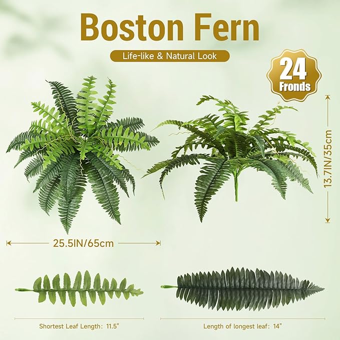 Luyue Fake Ferns Artificial Plants Sets of 2, 25" Artificial Boston Ferns for Outdoors Realistic Large Faux Fern Bush with 24 Fronds Hanging Plant for Front Porch Patio Outdoor/Indoor Home Decor