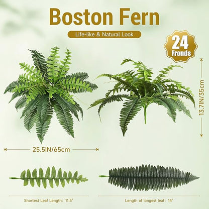 Luyue Fake Ferns Artificial Plants Sets of 2, 25" Artificial Boston Ferns for Outdoors Realistic Large Faux Fern Bush with 24 Fronds Hanging Plant for Front Porch Patio Outdoor/Indoor Home Decor