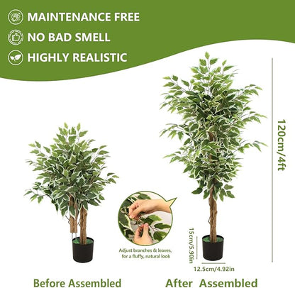 Ficus Tree Artificial, 4FT Realistic Fake Tree for Indoor, Faux Ficus Tree with Natural Wood Trunks Branch Leaves for Home, Office, Corner, Living Room, Bedroom, Porch, Garden Outdoor Decor