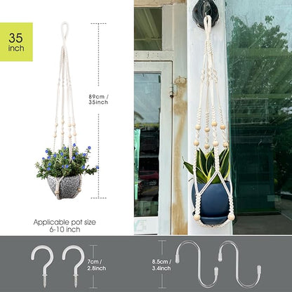 RIFNY Macrame Plant Hanger for 5 to 10 Inch Plant Pots, 35 Inch Indoor Handmade Woven Rope Hanger Kits with Hooks and Wood Beads, Hanging Planter Basket Holder for Boho Home Decor (White, 3 Pack)