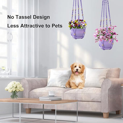 Macrame Plant Hanger with Pot, 3 Set Hanging Planters for Indoor Plants, Handmade Cotton Rope Boho Home Decor, Idea Gift for Anyone, Includes Plant Holders, Pots, Plates and Hooks (Purple)