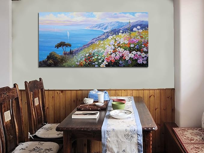 Enartly Blue Coastal Wall Art Canvas Ocean Seascape Painting Scenery Flower Colorful Landscape Textured Artwork Framed for Living Room Bedroom Bathroom Home Office Wall Decor, Large Size 40"x20"