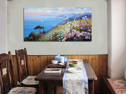 Enartly Blue Coastal Wall Art Canvas Ocean Seascape Painting Scenery Flower Colorful Landscape Textured Artwork Framed for Living Room Bedroom Bathroom Home Office Wall Decor, Large Size 40"x20"