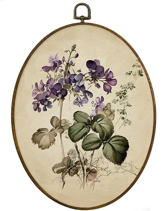 MAQIKA Vintage Purple Flower Oval Framed Wall Art Decor, Floral Wall Decor, Wildflower oval Wall Oval Decor, Retro Botanical Canvas Prints Wall Art for Bedroom Living Room, 8.7x11.3 Inch