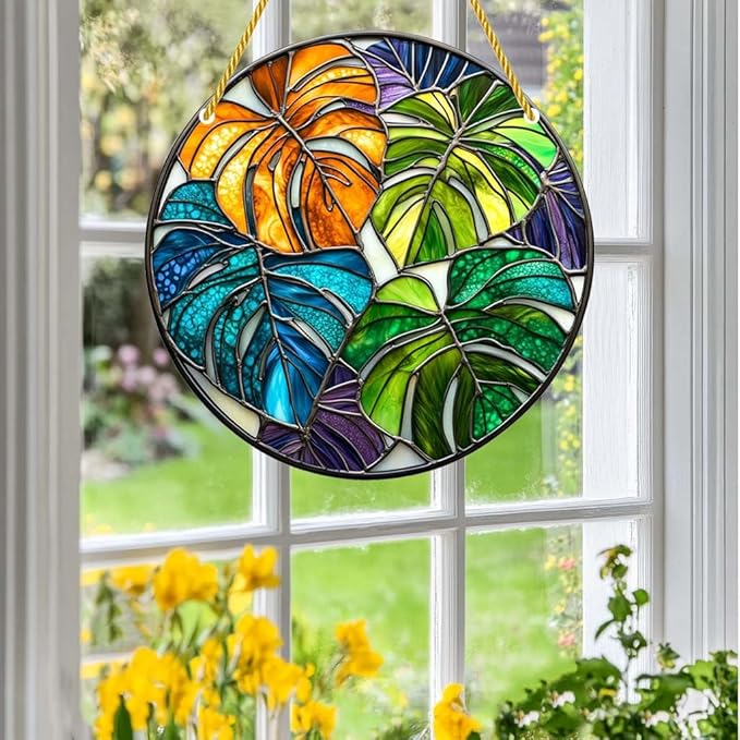Acrylic Stained Window Hanging Monstera Plant Art Acrylic Decoration for Indoor Outdoor Home Bar Office Garden Plastic Ornament Decor 8x8 Inch