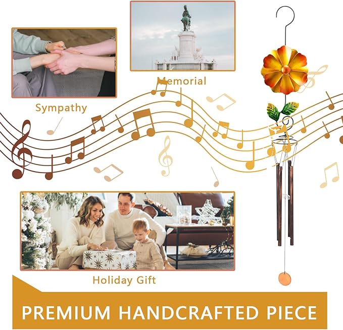 MUMTOP Wind Chimes for Outside Clearance - Garden Wind Chimes with Flower Wind Spinner, 33 Inch Deep Tone Metal Memorial Sympathy Windchimes for Patio Outdoor Porch Yard Decor Gifts(Orange)