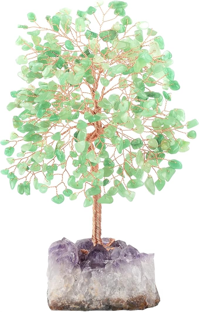 Crystal Tree of Life,Natural Green Aventurine (406 Beads Count) Amethyst Cluster Base, Positive Energy Feng Shui Gem Bonsai Money Tree Good Luck,Gift Size 8.5-9 Inches