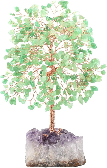 Crystal Tree of Life,Natural Green Aventurine (406 Beads Count) Amethyst Cluster Base, Positive Energy Feng Shui Gem Bonsai Money Tree Good Luck,Gift Size 8.5-9 Inches