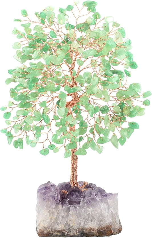 Crystal Tree of Life,Natural Green Aventurine (406 Beads Count) Amethyst Cluster Base, Positive Energy Feng Shui Gem Bonsai Money Tree Good Luck,Gift Size 8.5-9 Inches