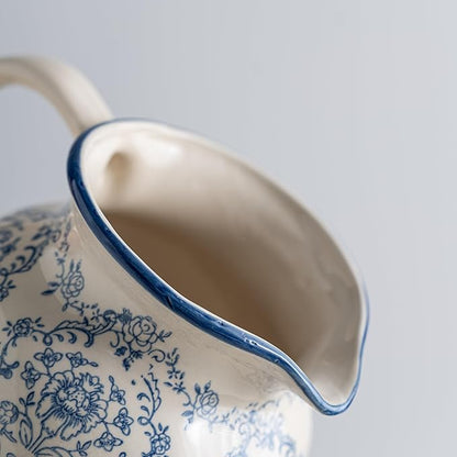 Blue and White Vase, Vintage Blue Ceramic Flower Vessel,Ceramic vases for Home Decor,Vintage Vase for Home Decor, Living Room, Shelf, Office, Rustic Table Centerpiece (Round with Handle)