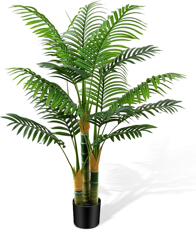 4ft Tall Golden Cane Artificial Tree Palm Outdoor, Large Artificial Plants Outdoor Faux Palm Tree with 3 Textured Trunks, Fake Tree for Indoor Outdoor Office Living Room Outside Patio