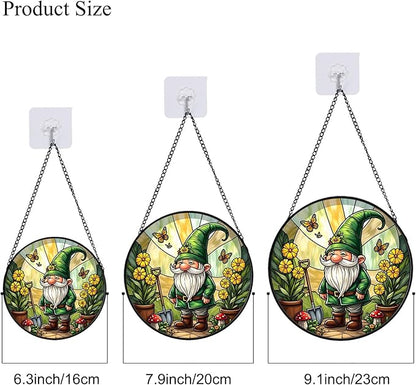 Stained Glass Window Hanging, Gnome in Garden Sun Catcher for Indoor Window Decoration with Flowers & Butterflies, Whimsical Stained Glass Decor Gift for Women and Men G51 (6.3'')