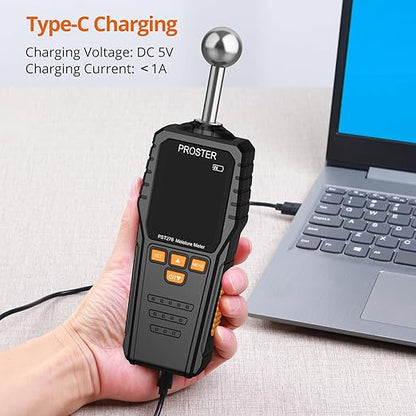 Proster Rechargeable Moisture Meter - Pinless Damp Meter for Walls with 2.4 inch Colour LCD Screen Sound Light Alarm Damp Detector Detects 5-40 mm Depth for Wood Building Cardboard Concrete