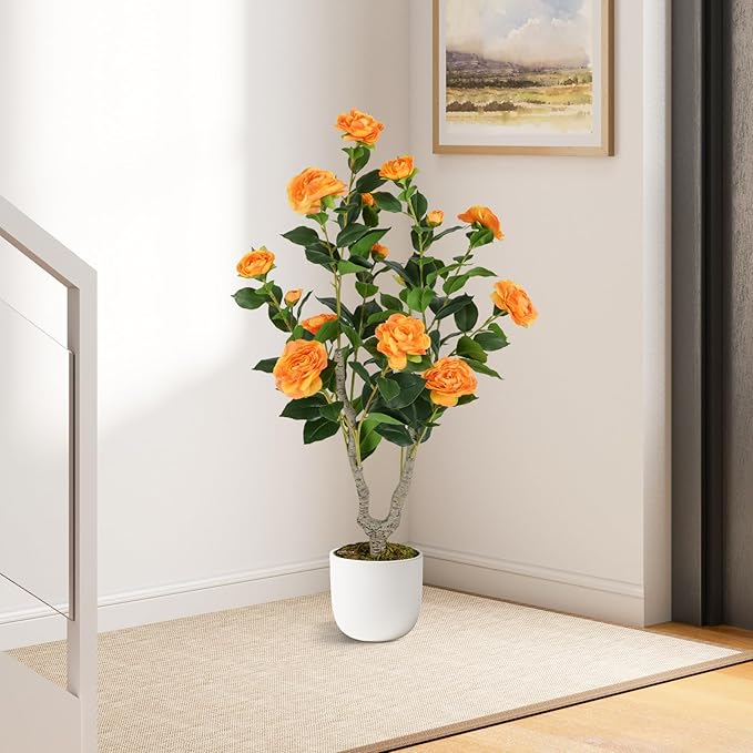 Goplus 36’’ Artificial Camellia Tree, 2 Pack Flower Plants Artificial Tree, Faux Floral Plant Blooming Tree in Nursery Pot, Greenery Potted Plant for Indoor Office Home Porch Decor, Orange