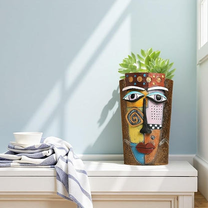 Picasso Abstract Face Flower Pot,Plant Pot with Facial Expressions,Handmade Resin Plant Pot with Drainage Holes,for Indoor and Outdoor Botanical Home décor (Brown Large)