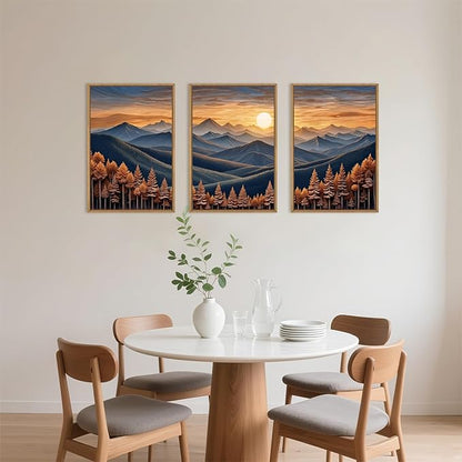 HOURIA Boho Wilderness Sunset Woodland Mountain Framed Canvas Wall Art Set,Vintage Golden Hour Forest Landscape Decor,Natural Modern Pine Tree Botanical Artwork for Living Room,Farmhouse- 16"x24"x3