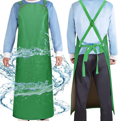 Waterproof Rubber Apron, 43" Anti-Tear Heavy Duty Vinyl Adjustable Thicker Cross Back Dishwasher Apron for Restaurant Dishwashing, Butcher, Lab Work, Dog Grooming Green