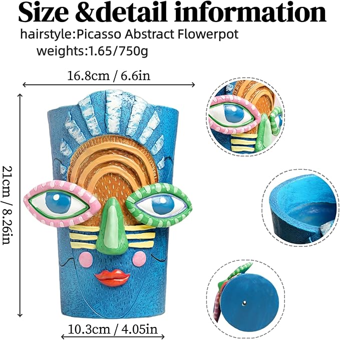 Picasso Abstract Face Flower Pot,Plant Pot with Facial Expressions,Handmade Resin Plant Pot with Drainage Holes,for Indoor and Outdoor Botanical Home décor (Blue Large)