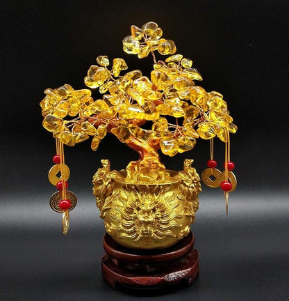 Feng Shui Citrine Quartz Crystal Money Tree Bonsai Style Decoration for Luck and Wealth (Dragon pots)