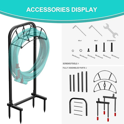 Meykwod Garden Hose Holder, Heavy Duty Water Hose Holder with 4 Spikes Holds 150ft Water Hose, Sturdy Freestanding Hose Stand Hose Hanger Hose Storage for Outside Yard Lawn (Metal, Black)